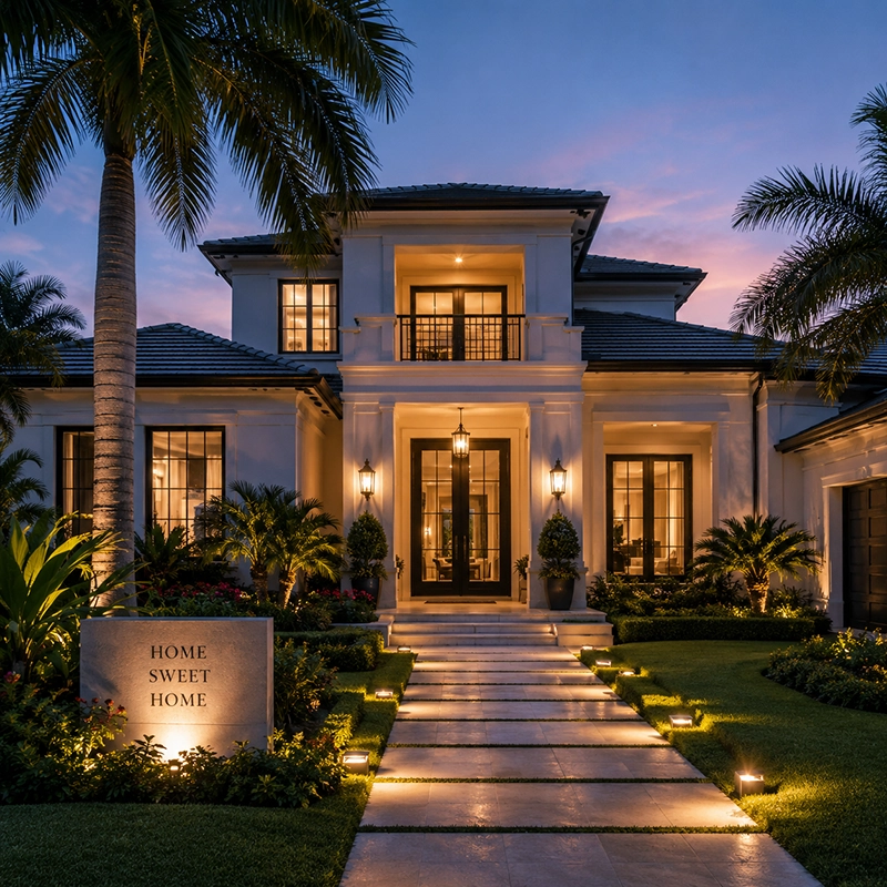 Welcoming Florida residence with palms and a softly lit entrance