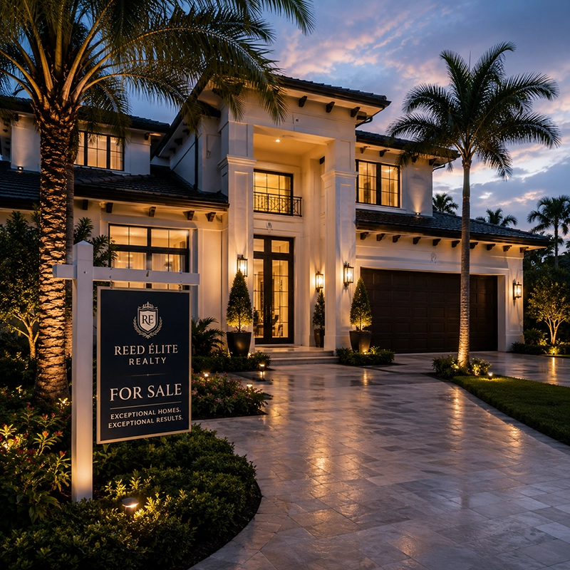 Florida home with warm evening lighting and a landscaped driveway